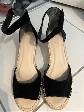BRAND NEW! Comfortiva Black Suede Ankle-Strap Espadrille Wedges